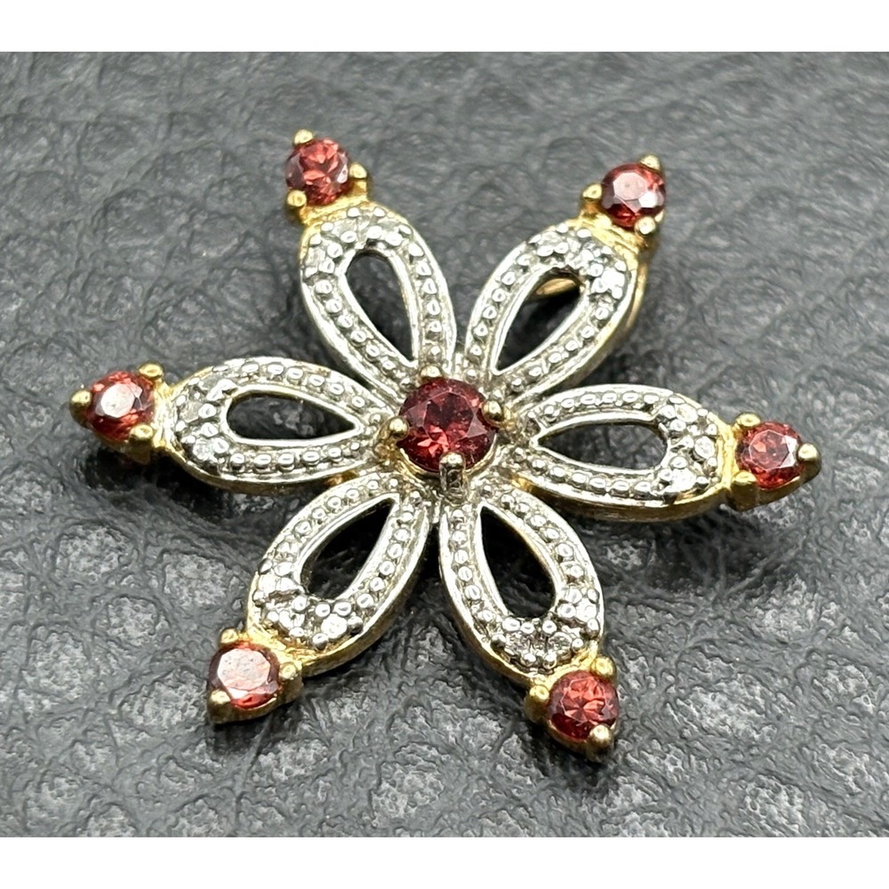 VTG Large Ross Simons Garnet Flower Pendant Vermeil Sterling Silver 925